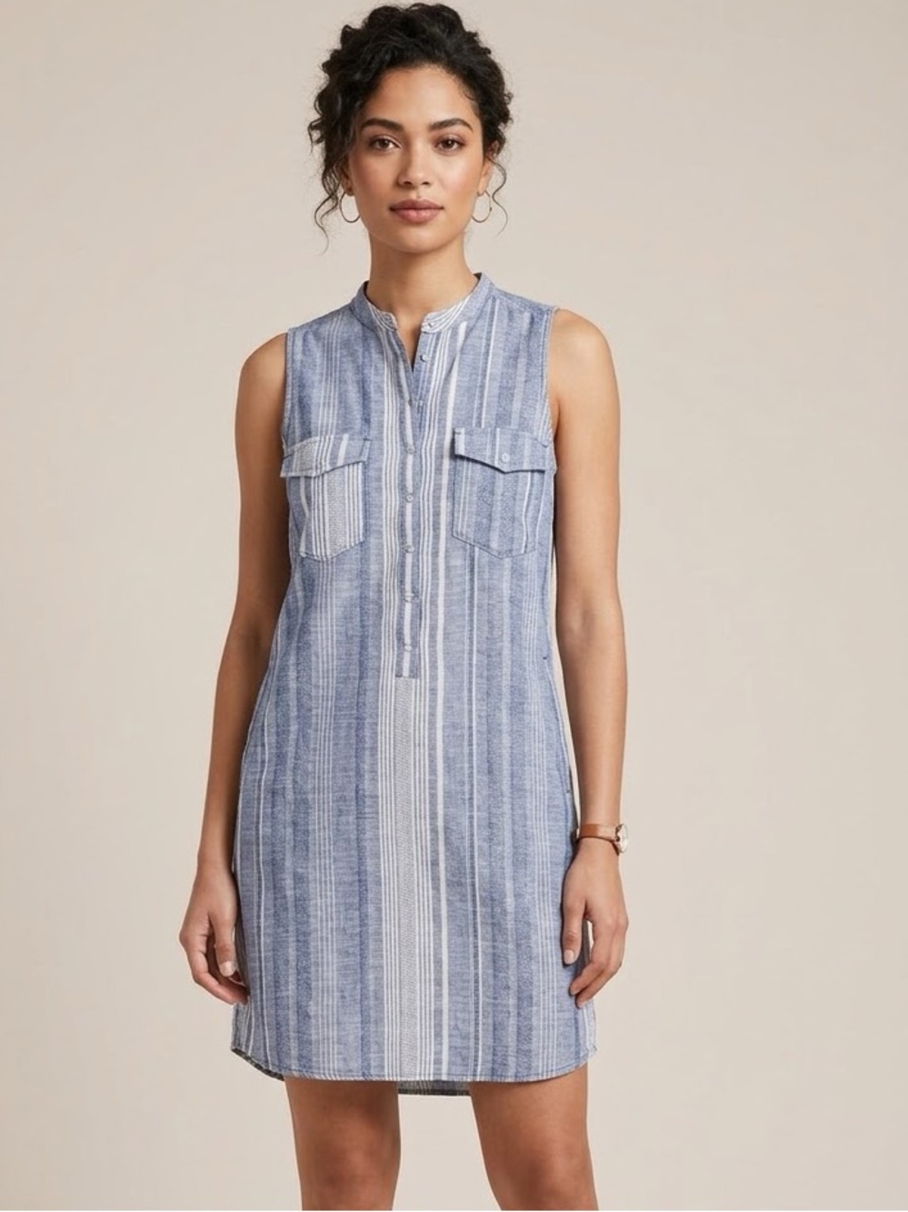 BLANKNYC Blue & White Vertical Striped Sleeveless Linen Blend Shirt Dress M